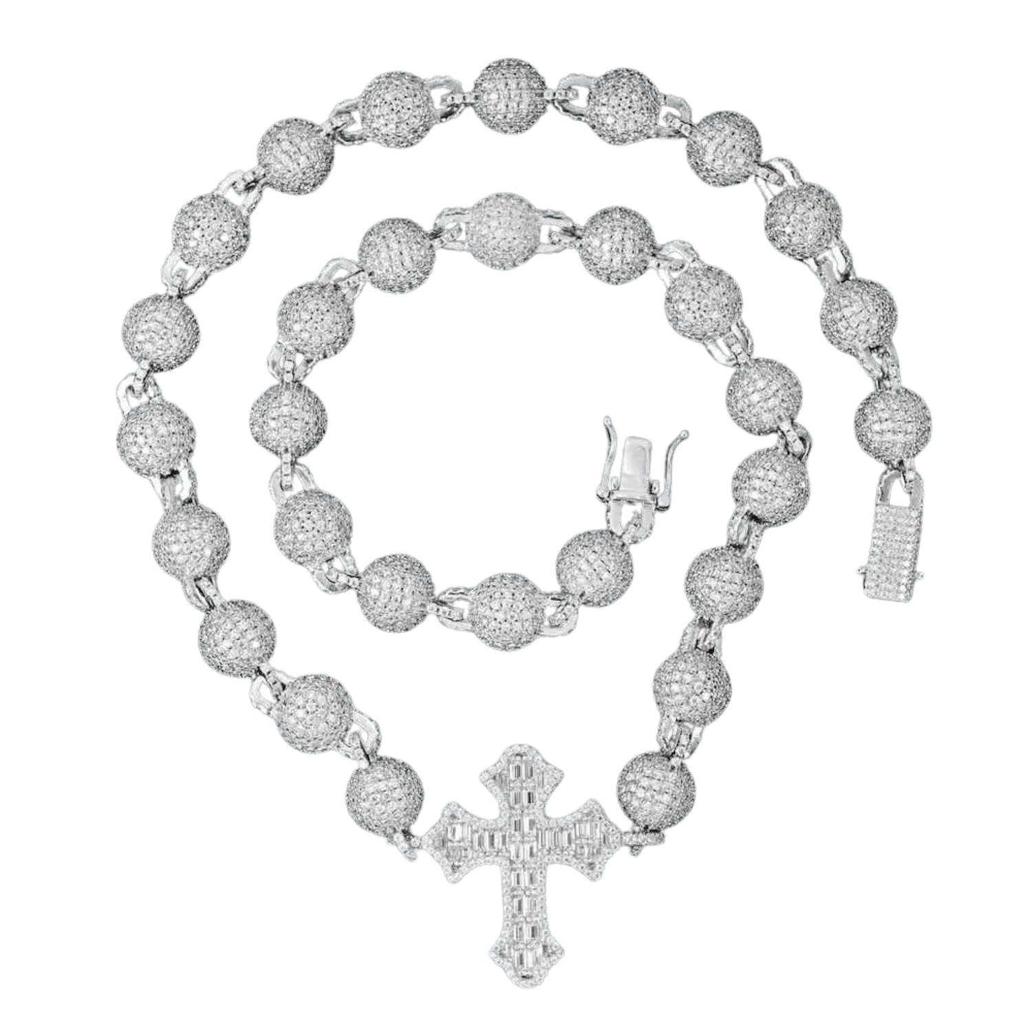 10MM Diamond Baguette Bead Link Cross Chain | White Gold - Superior Stirling