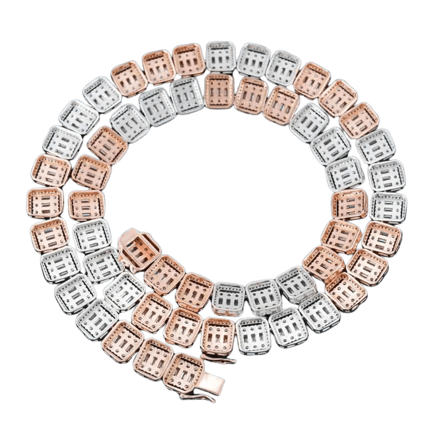 13MM Diamond Clustered Baguette Tennis Chain | White/Rose Gold - Superior Stirling
