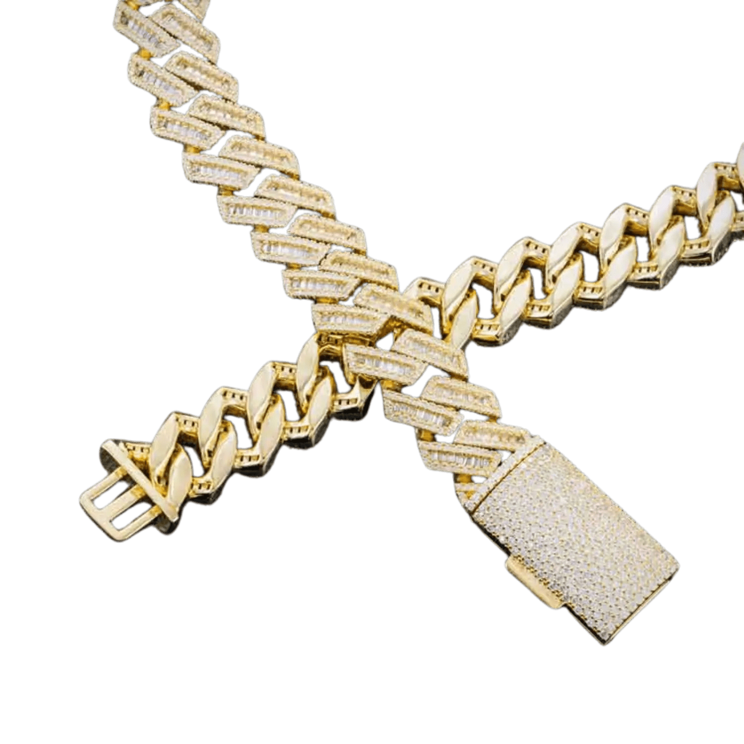 15MM Diamond Baguette Cuban Link Chain | Yellow Gold - Superior Stirling