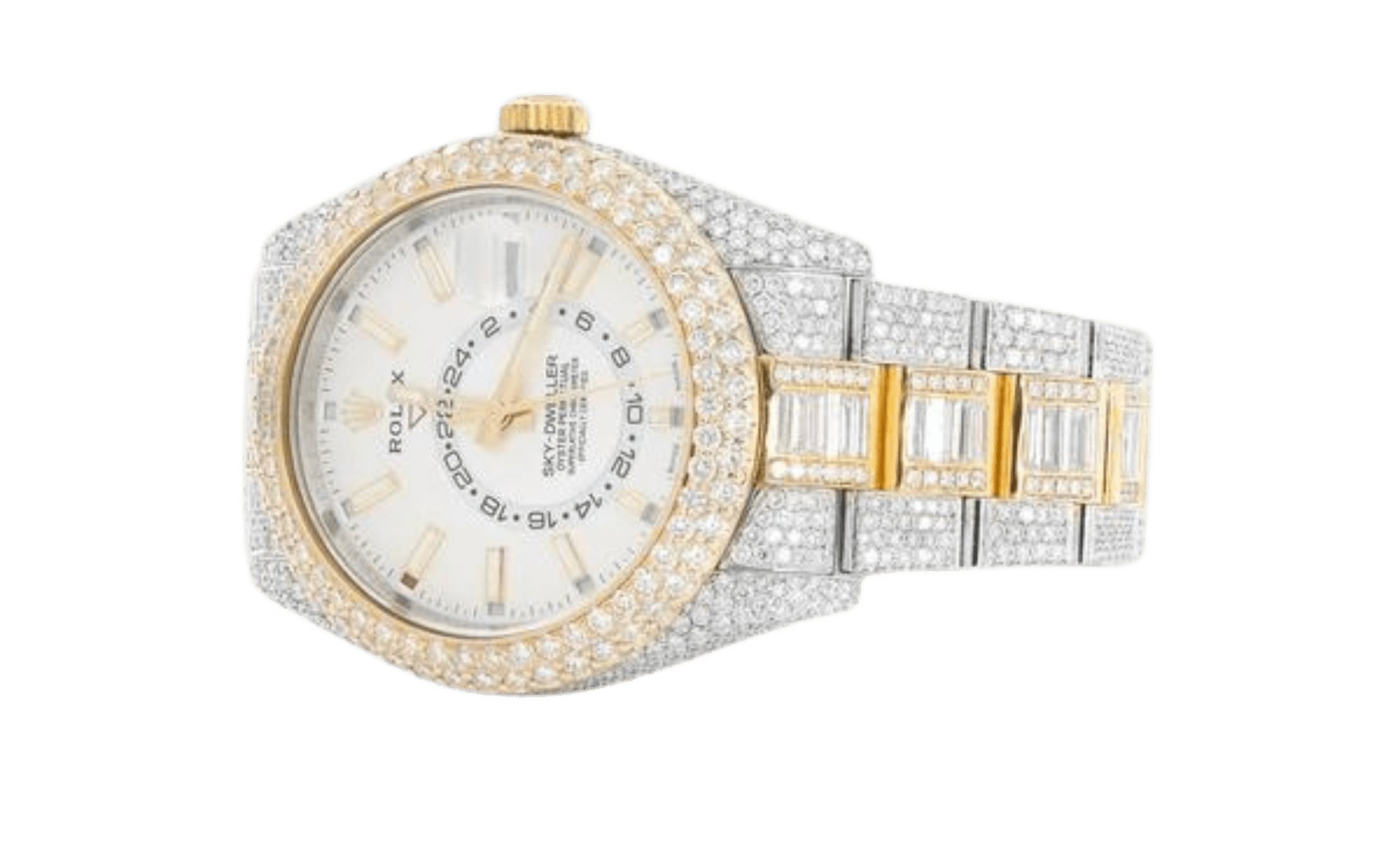Customised Rolex Sky Dweller in White Gold and Yellow Gold with Round and Baguette Cut Diamonds - 42mm - Superior Stirling